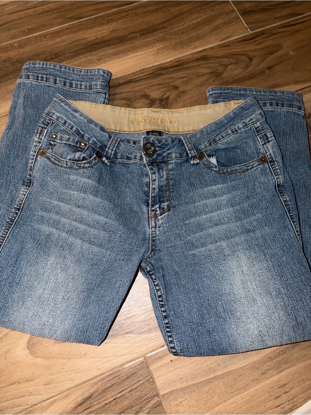 One Teaspoon Blue Denim Jeans with Tan Waistband Embroidery